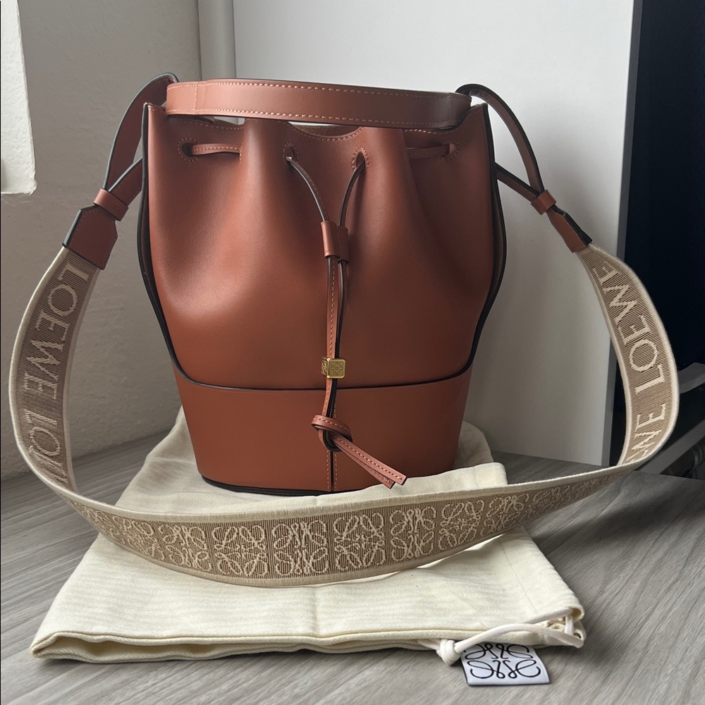Loewe balloon bucket bag jacquard tan small anagram strap